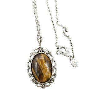 Express Tiger Eye Pendant Necklace on a 34 inch silver tone chain